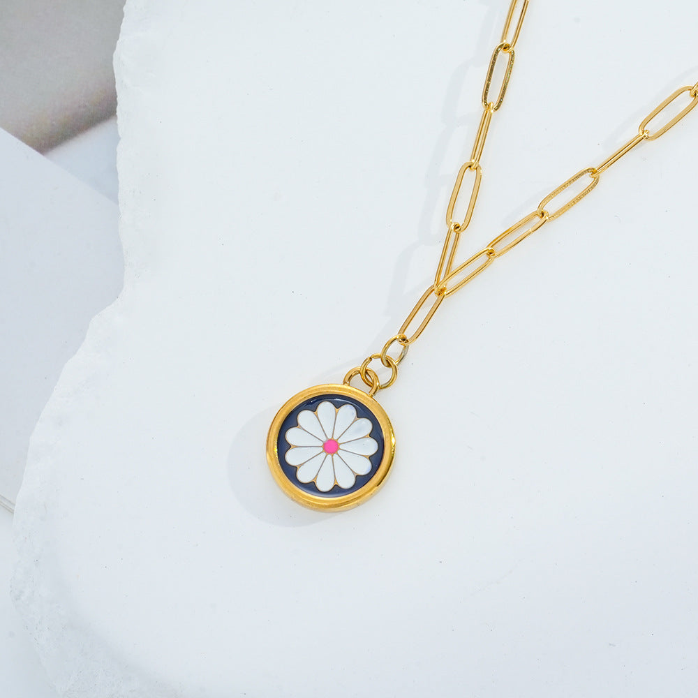 Wholesale Blue Enamel  Round Necklace Titanium Steel Everyday Fashion Accessory
