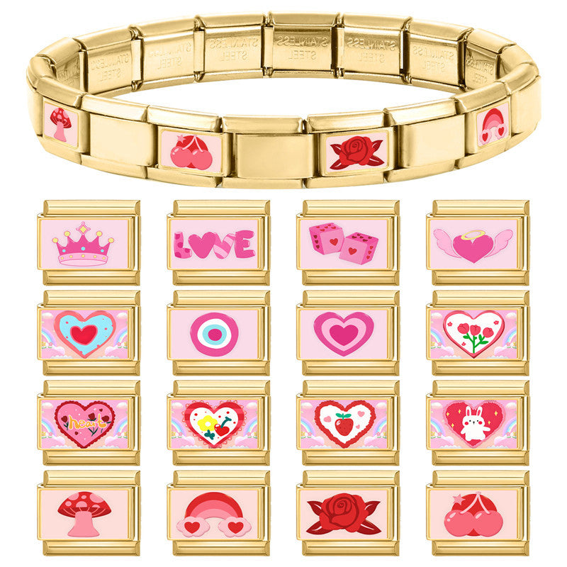 Wholesale Italian Charm Bracelet 9mm DIY Splicing Rose Pink Series Stainless Steel Composable Bracelet