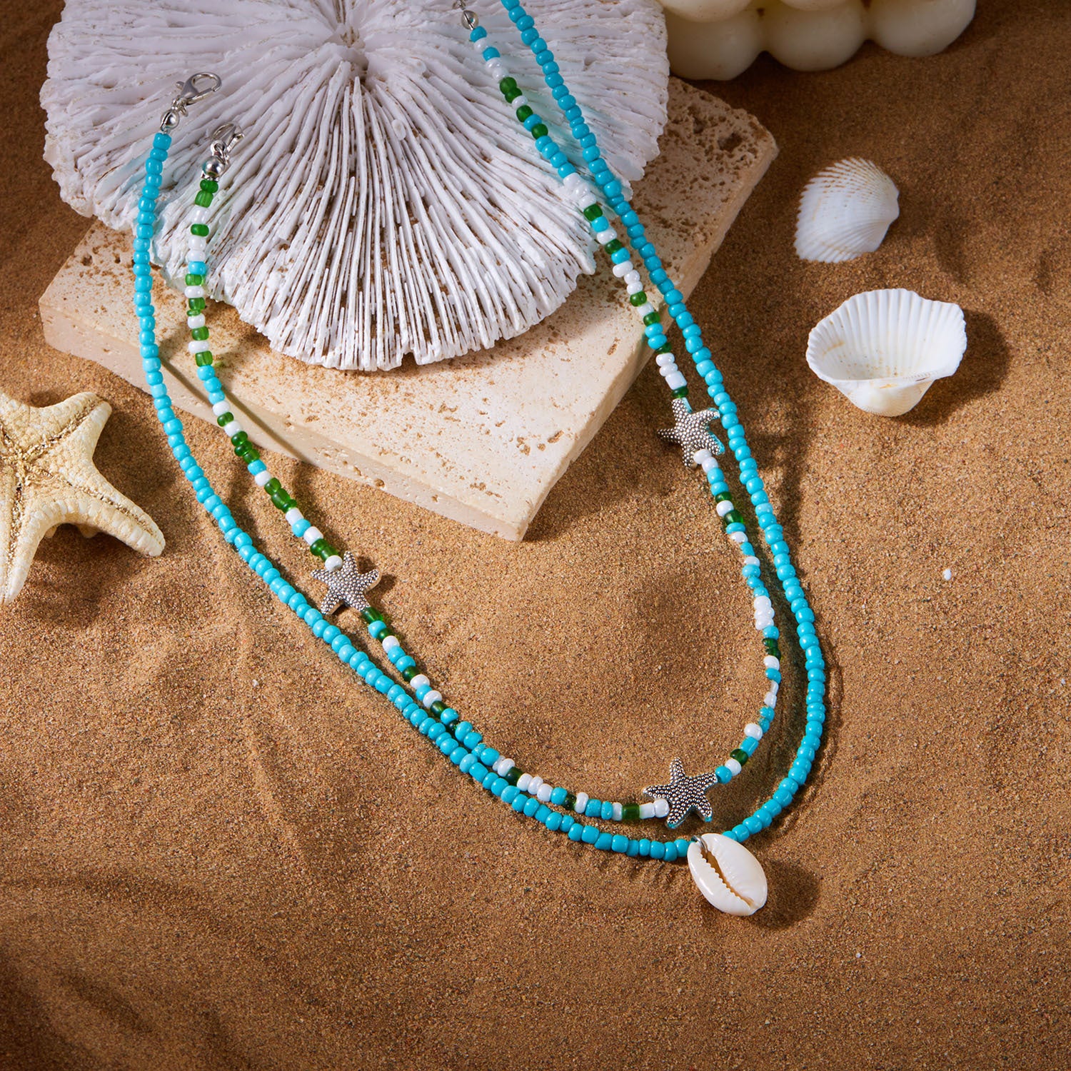 Wholesale  Bohemian Style Double Layer Starfish Shell Rice Beads Card Necklace