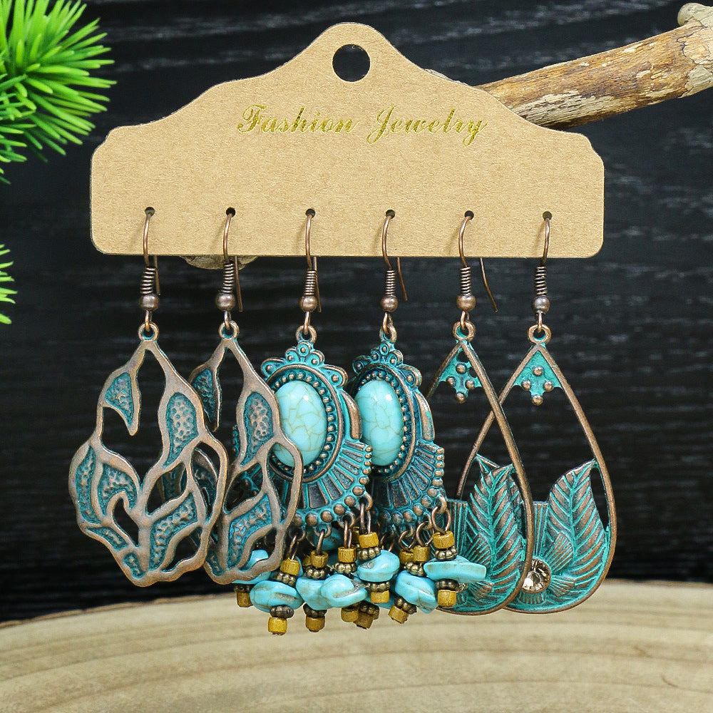 Wholesale Bohemian Style Turquoise Tassel Earrings Set 3 Pairs Fashion Jewelry Accessory