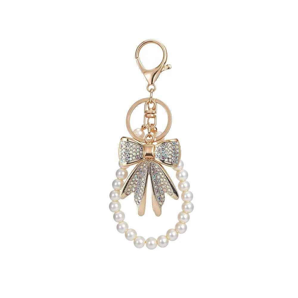 Wholesale Black Zinc Alloy Handmade Cute Korean Style Bow Rhinestone Pearl Bead Car Keychain Phone Chain Bag Charm Gift