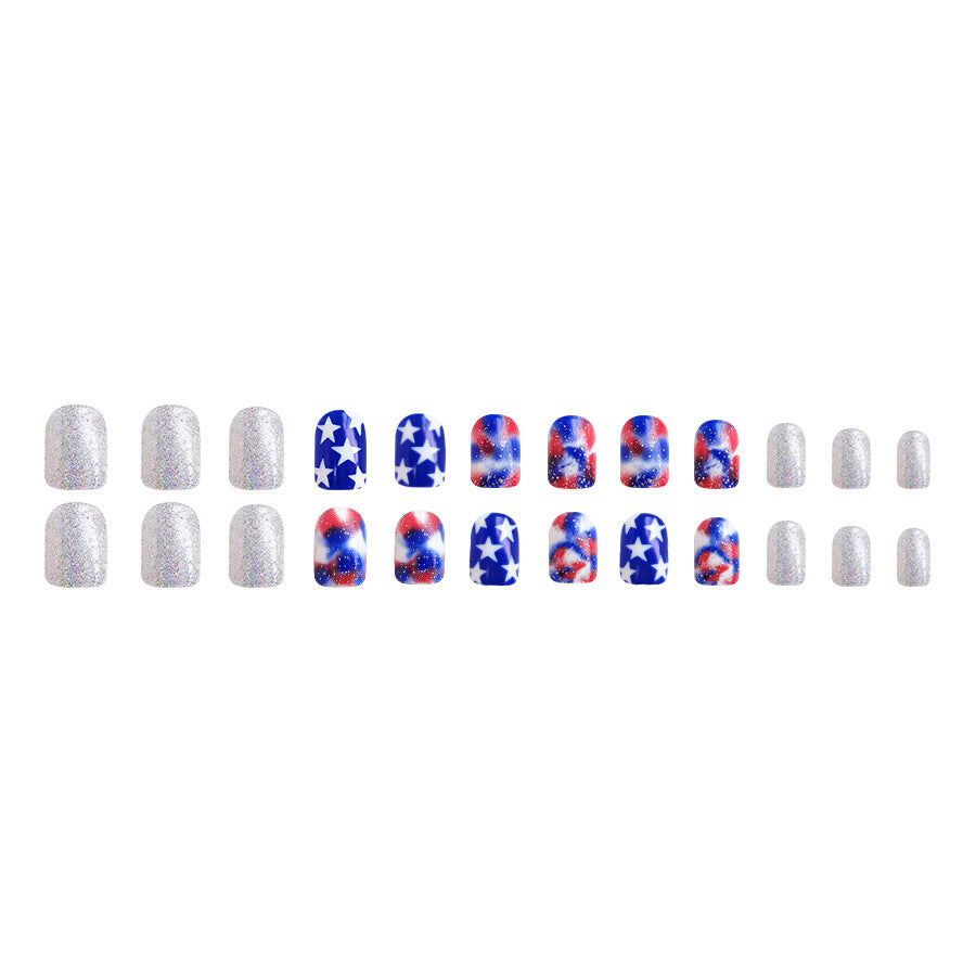 Wholesale 24 Pieces/box American Independence Day Glitter Powder Five-pointed Star Manicure Press-on Nails Kits Nail Stickers ACC-NS-GuaiXL019