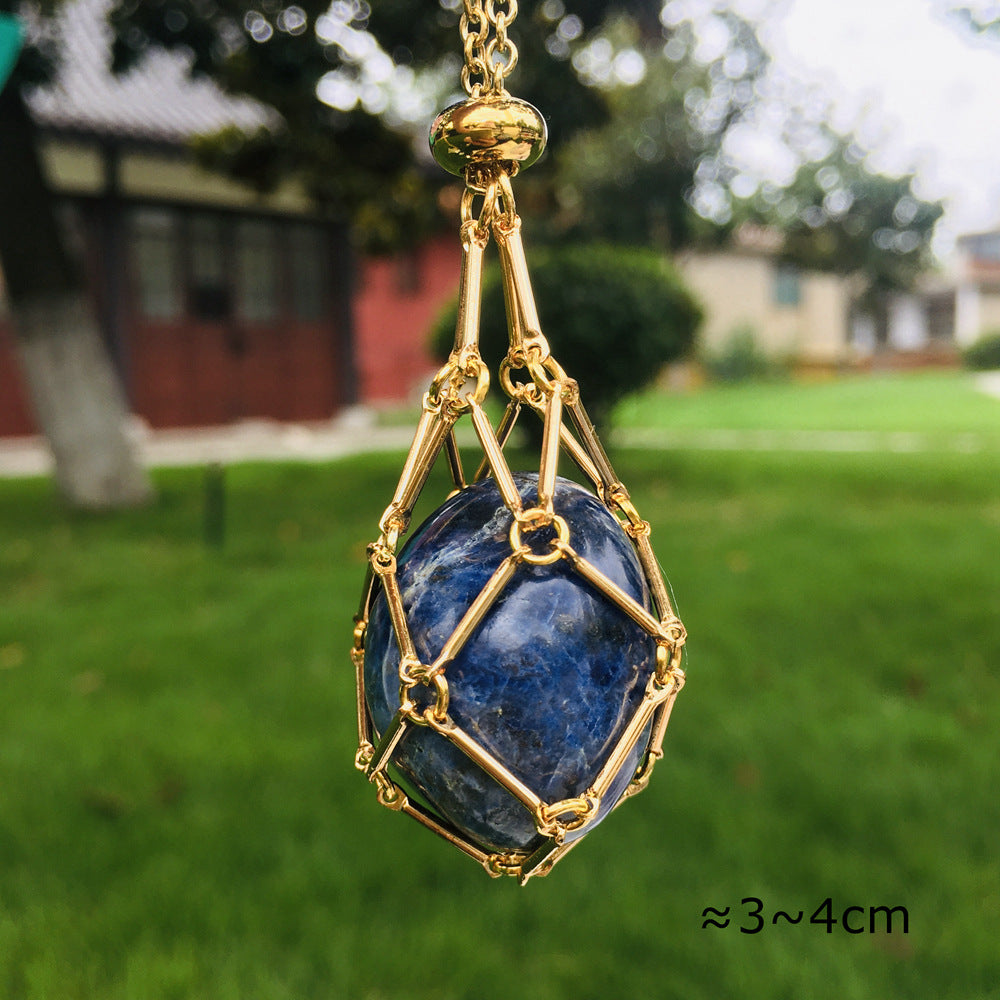 Wholesale 18K Gold Natural Crystal Raw Stone Net Pocket Metal Bamboo Necklace Crystal Mesh Bag ACC-NE-RongGuan010