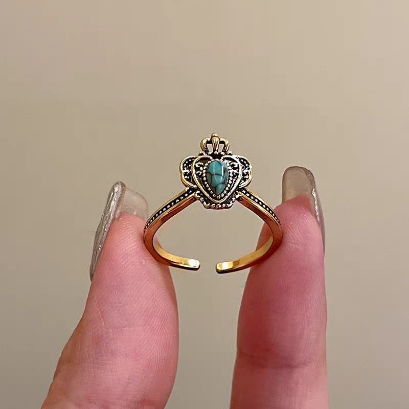 Wholesale Vintage Distressed  Turquoise Crown Iris Flower Opening Ring