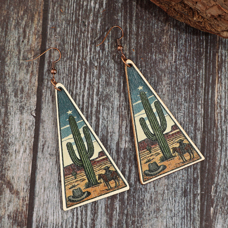 Wholesale Retro Western Style Triangular Wooden Earrings Desert Cactus Horse Sunset Print Boutique Resale