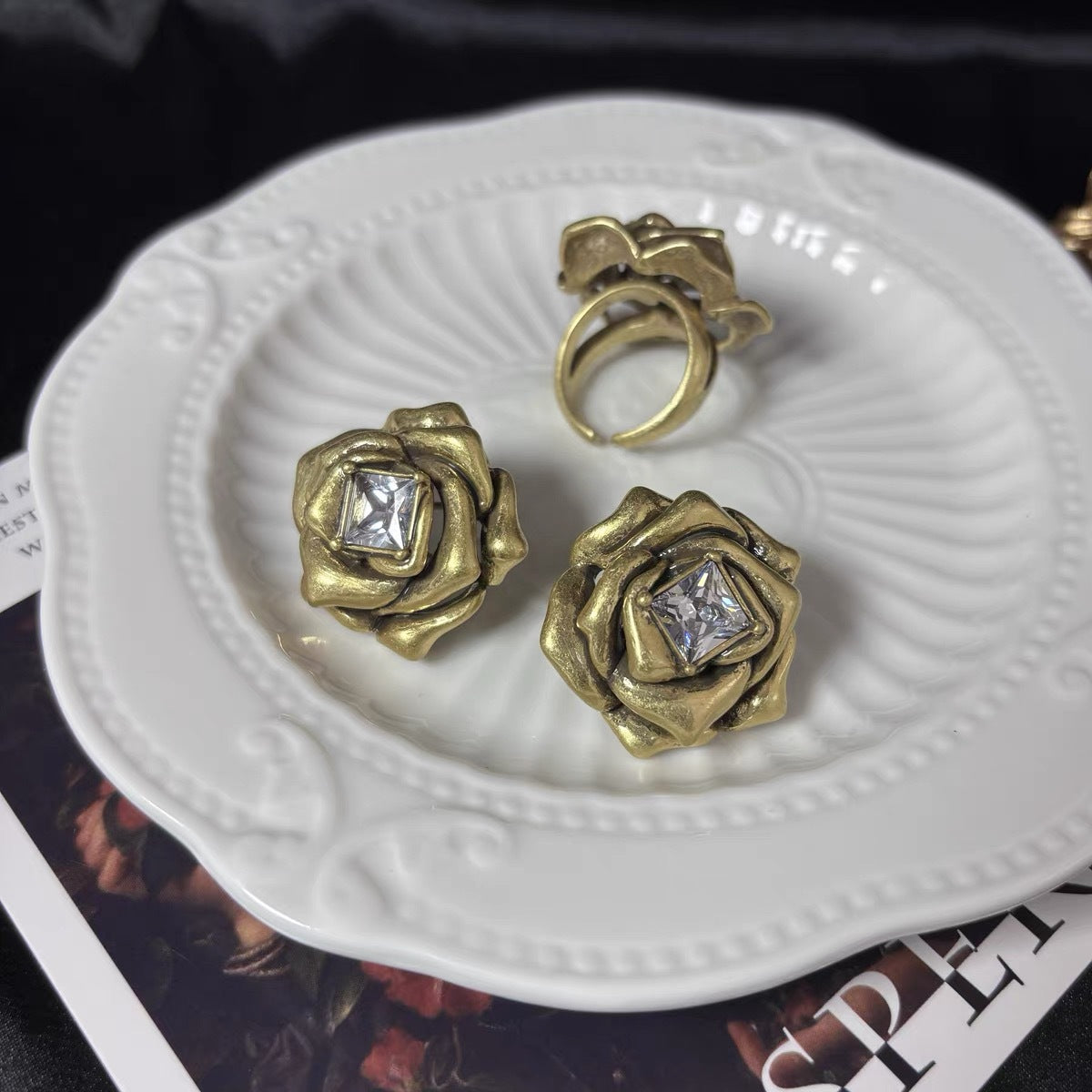 Wholesale  Multi-layer Three-dimensional Rose with Square Diamond  Ring