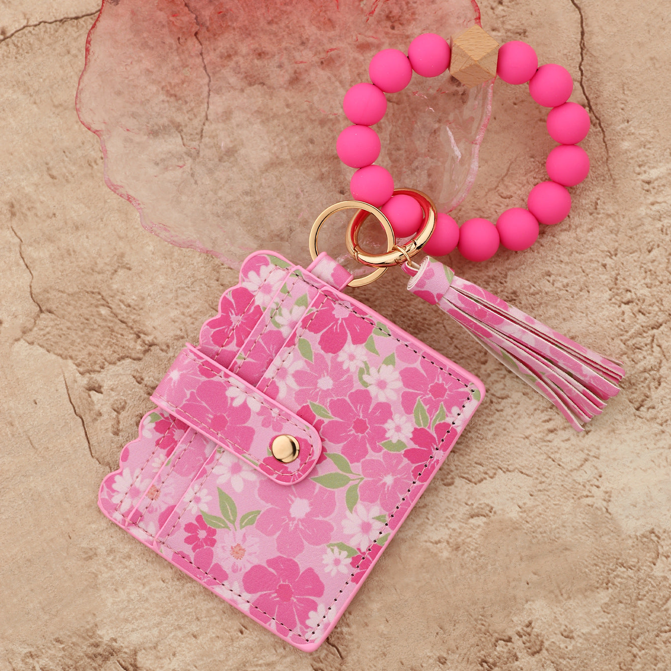 Wholesale silicone bead bracelet pink card holder Wristlet Keychain