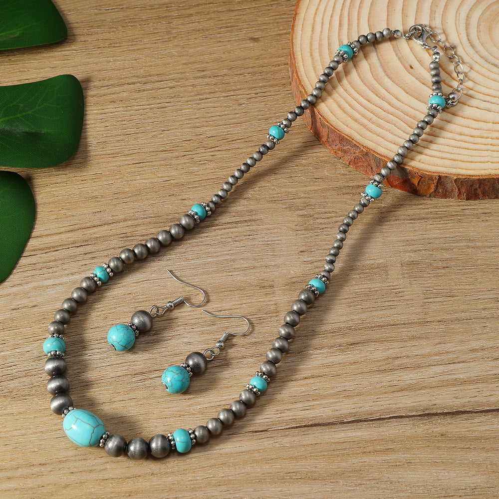 Wholesale  2-piece Set Fashion Turquoise Beaded Women's Earrings Necklace Chain