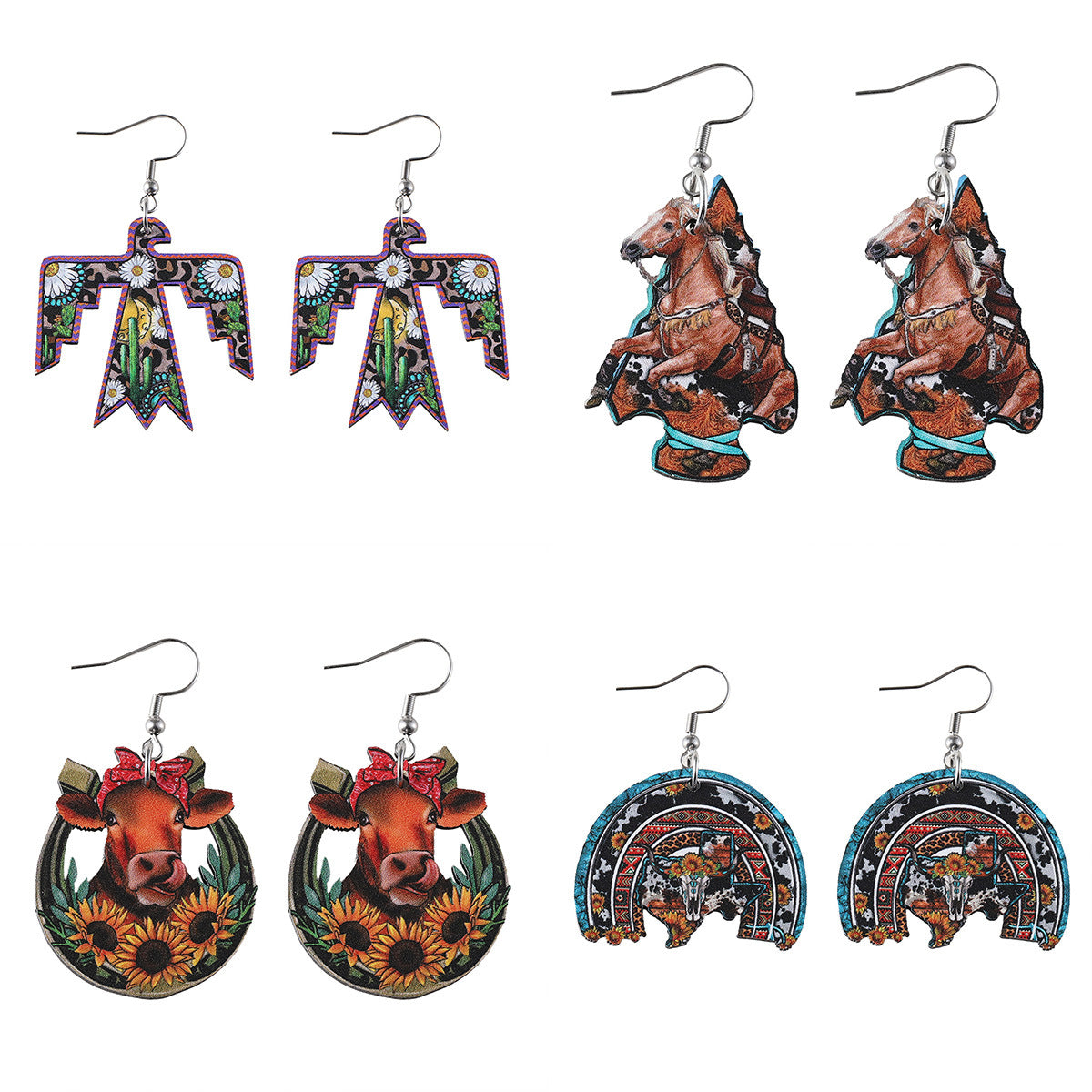 Wholesale Western Style Sunflower Bull Head Horseshoe Pendant Wood Earrings ACC-ES-ChuLian086