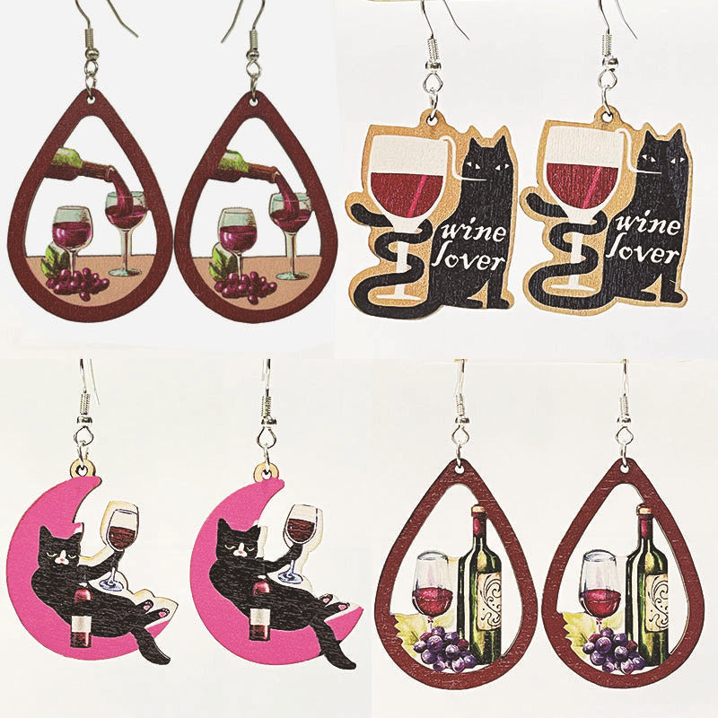 Wholesale Retro Wooden Cat Earrings For Wine Lovers Party Jewelry Accessory