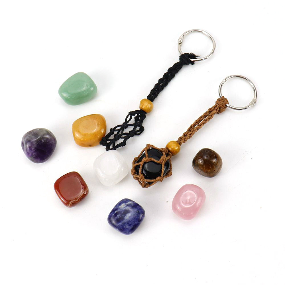 Wholesale Natural Stone Crystal Handwoven Mesh Bag Keychain Adjustable Retractable Mesh Bag ACC-KC-HanX002