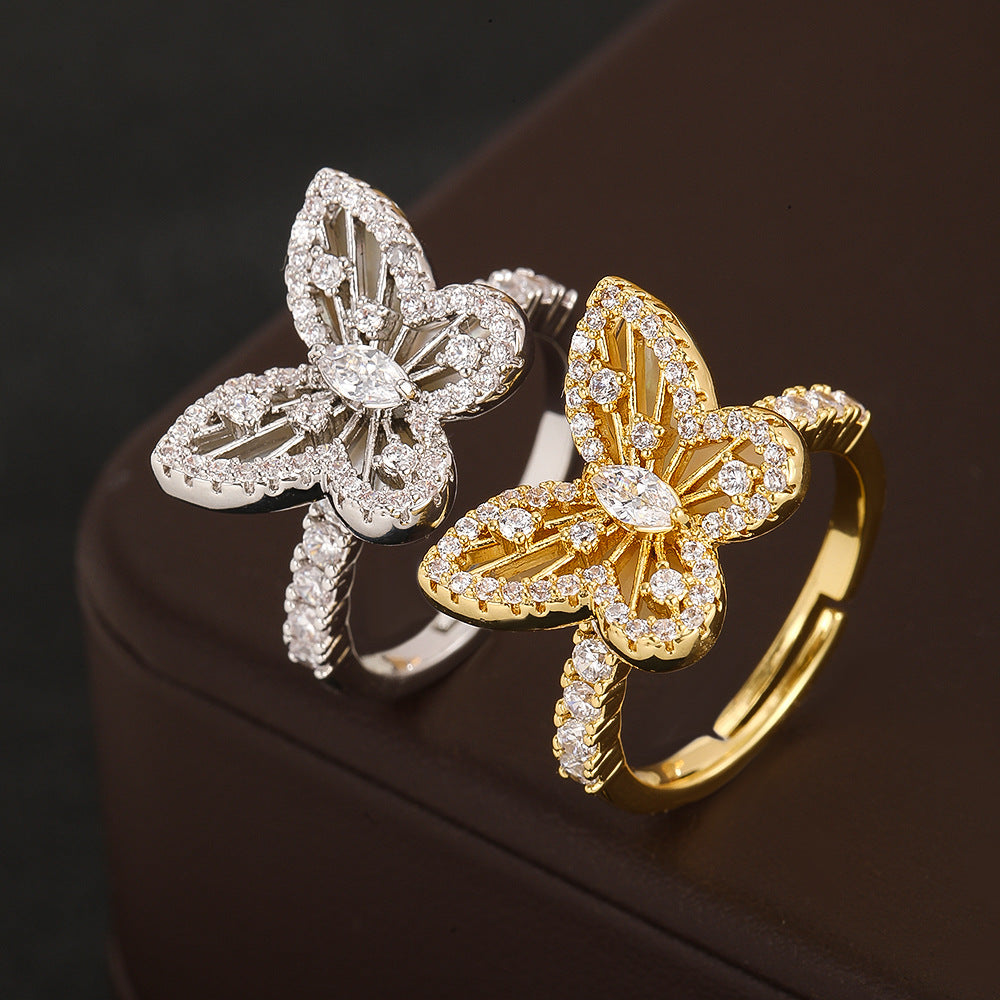 Wholesale Chic Butterfly Star Open Ring Gold Tone Adjustable Zircon Copper Alloy Jewelry Accessory Gift