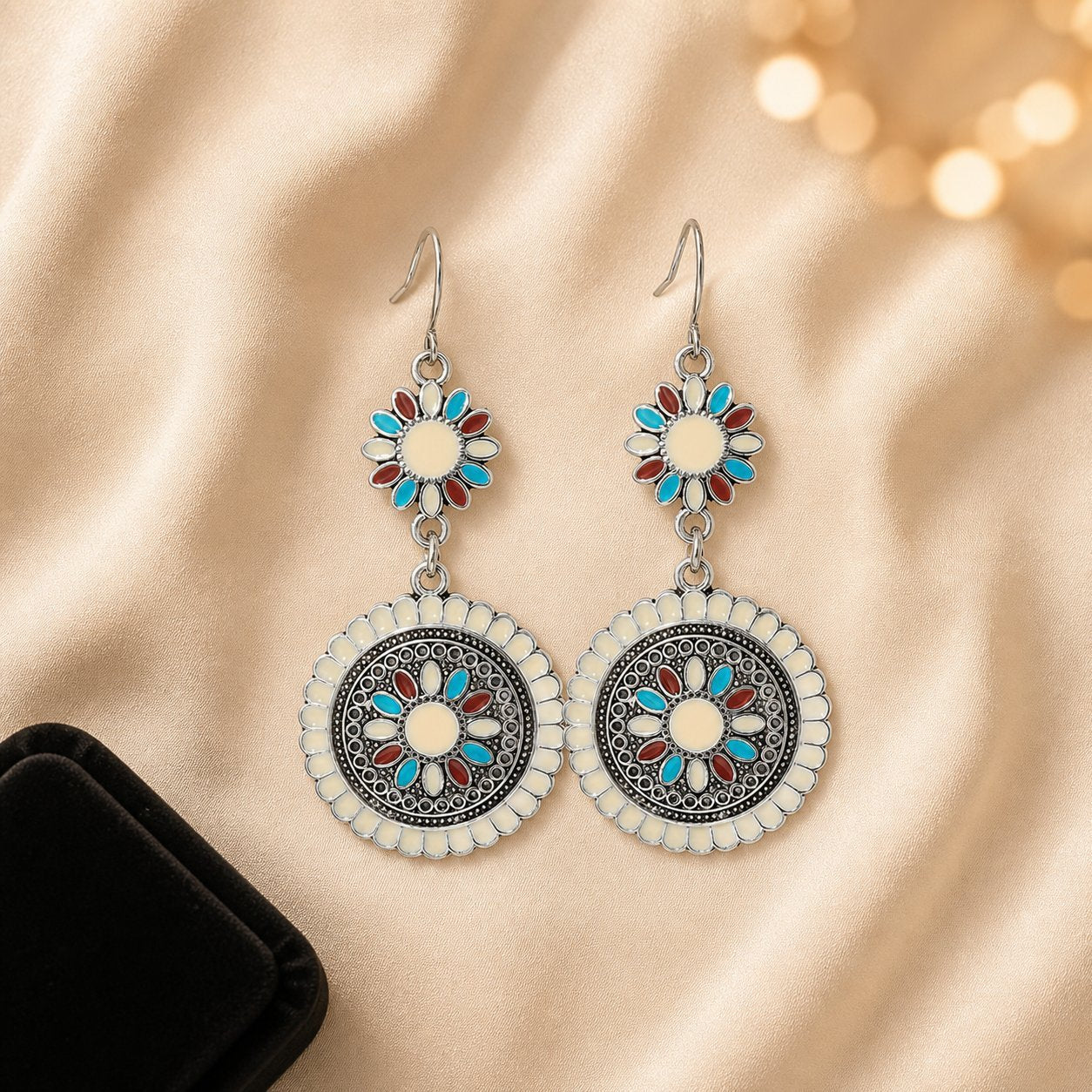 Wholesale Bohemian Geometric Round Oil Drop Earrings Bronze Red Alloy Flower Design Boutique Resale Jewelry Accessory