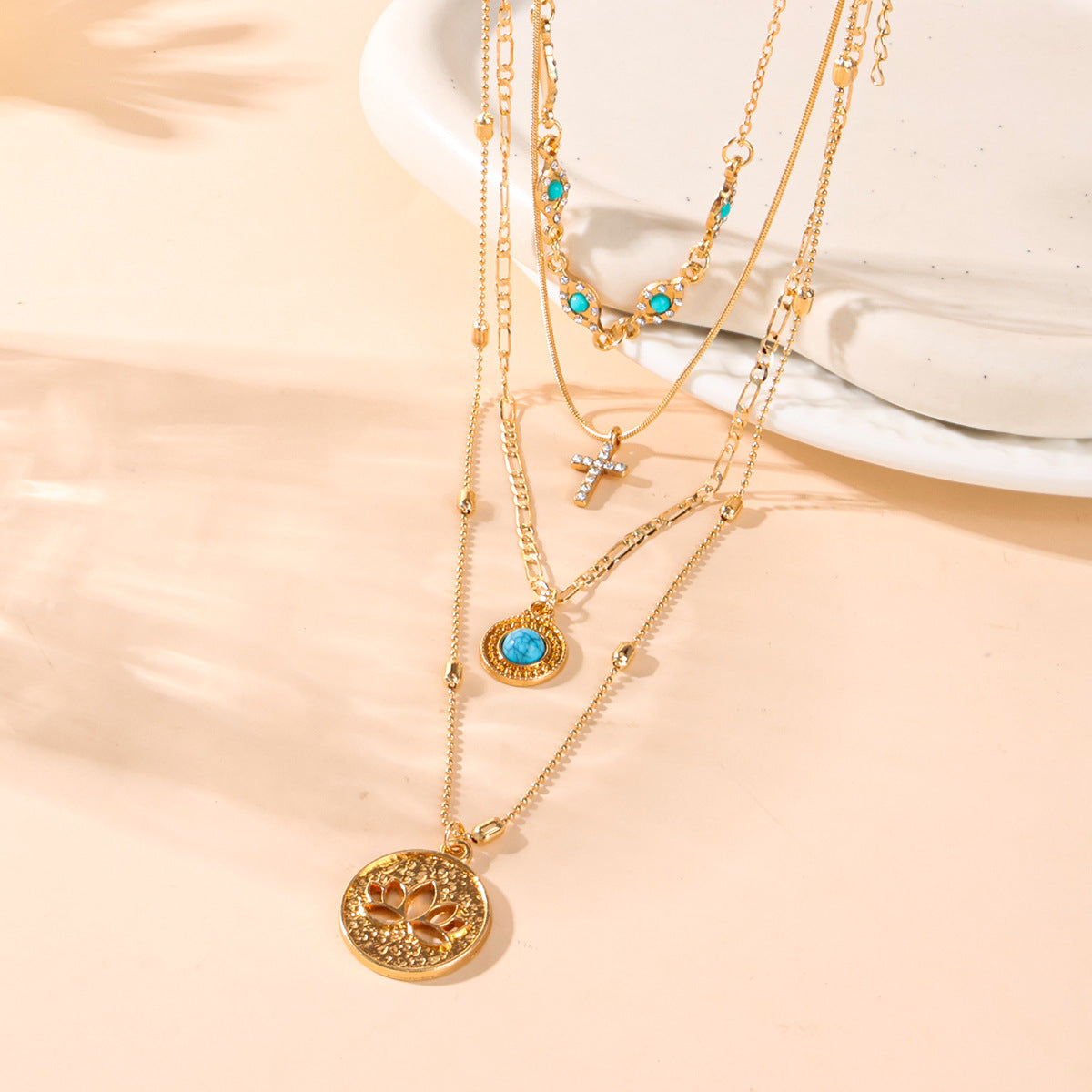 Wholesale Bohemian Multi-Layer Stacked Necklace Gold Electroplated Alloy Cross Pendant Women Fashion Accessory Gift