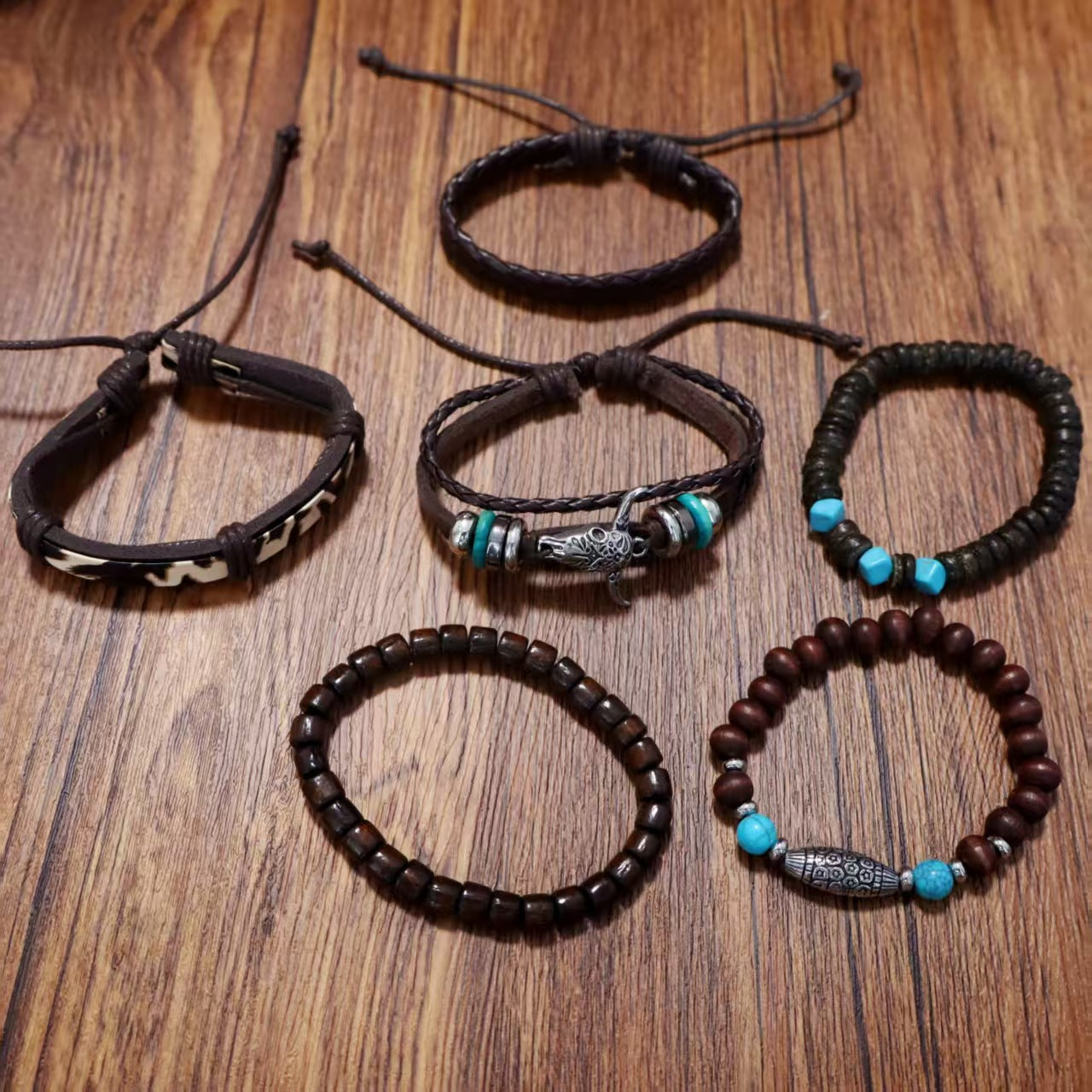 Wholesale Leather Bohemian style wooden bead vintage bull head six-piece bracelet set