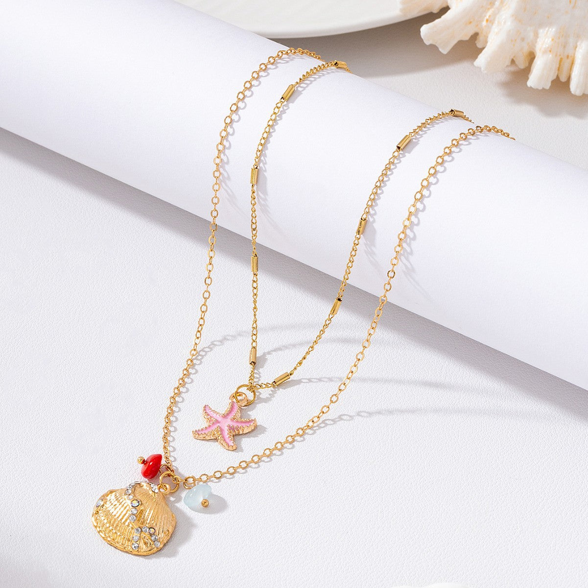 Wholesale Trendy Ocean Themed Layered Necklace Pink Starfish Rhinestone Shell Pendant Women S Fashion Jewelry Gift