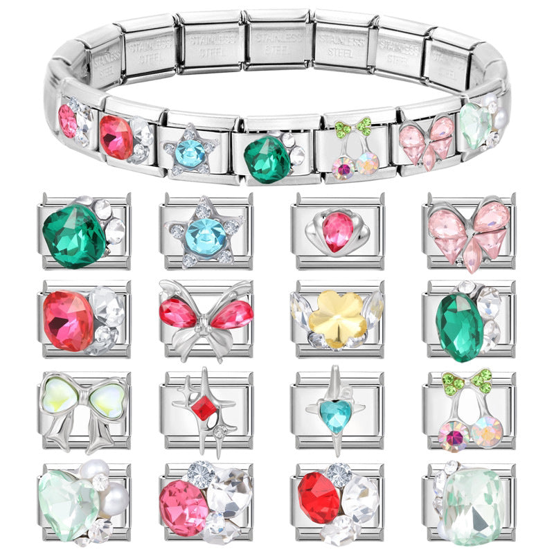 Wholesale Colorful Diamond Butterfly Heart Pendant Stainless Steel DIY Bracelet Accessories European American Style Jewelry for Party Gift