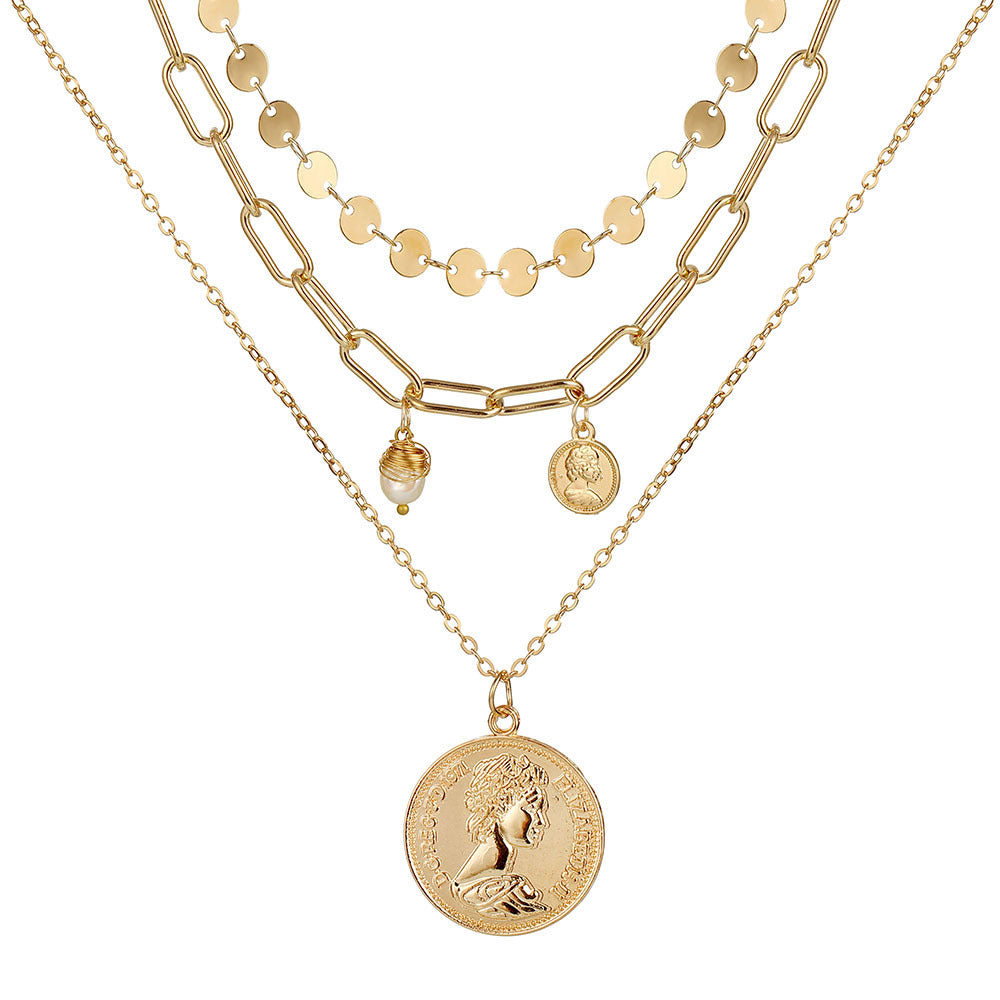 Wholesale Human head necklace set light luxury temperament relief round necklace