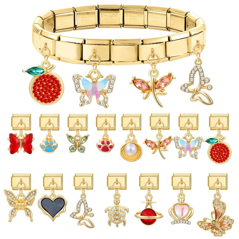 Wholesale Italian Charm Bracelet 9mm DIY Splicing Gold Butterfly Pendant Stainless Steel Composable Bracelet