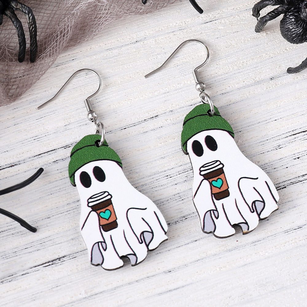 Wholesale Halloween Cute Ghost Pendant Earrings Wood Earrings Goth Theme Earrings ACC-ES-ChuLian035