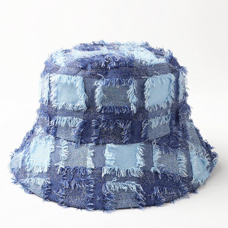 Wholesale  frayed Plaid fisherman hat fashion Plaid face-looking small basin hat