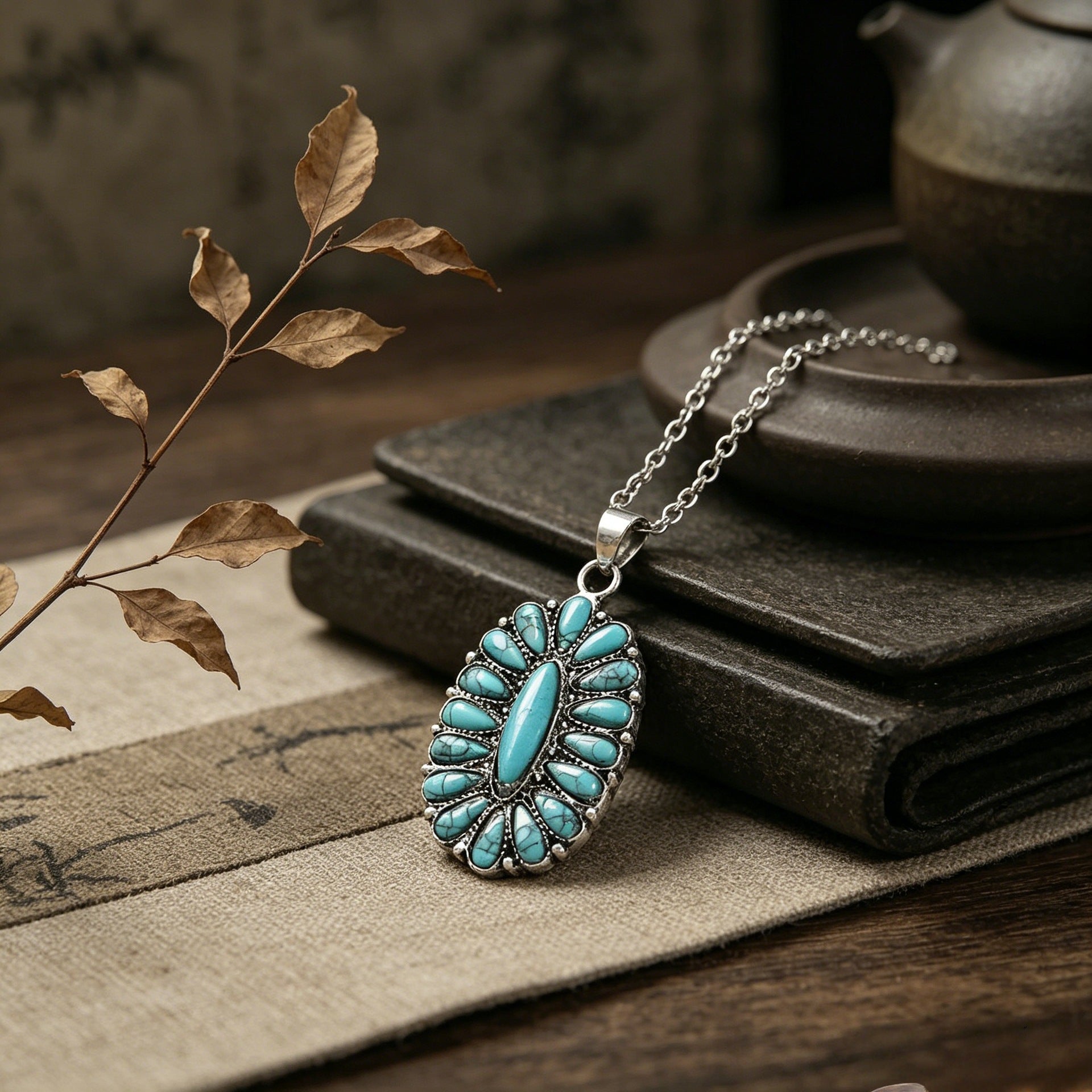 Wholesale Electroplated Silver Tone Alloy Turquoise Pendant Necklace Vintage Western Ethnic Fashion Jewelry