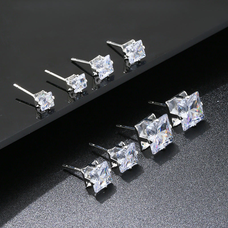 Wholesale S925 ear hole four-claw square zircon  light luxury earring