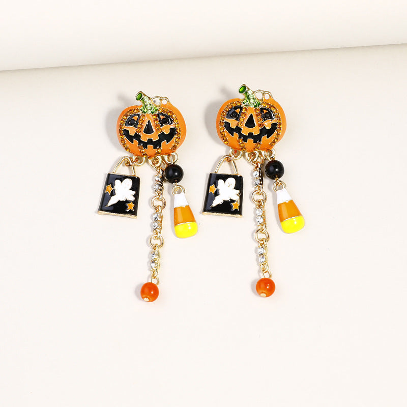 Wholesale Halloween drop oil Diamond pumpkin head ghost pendant earrings