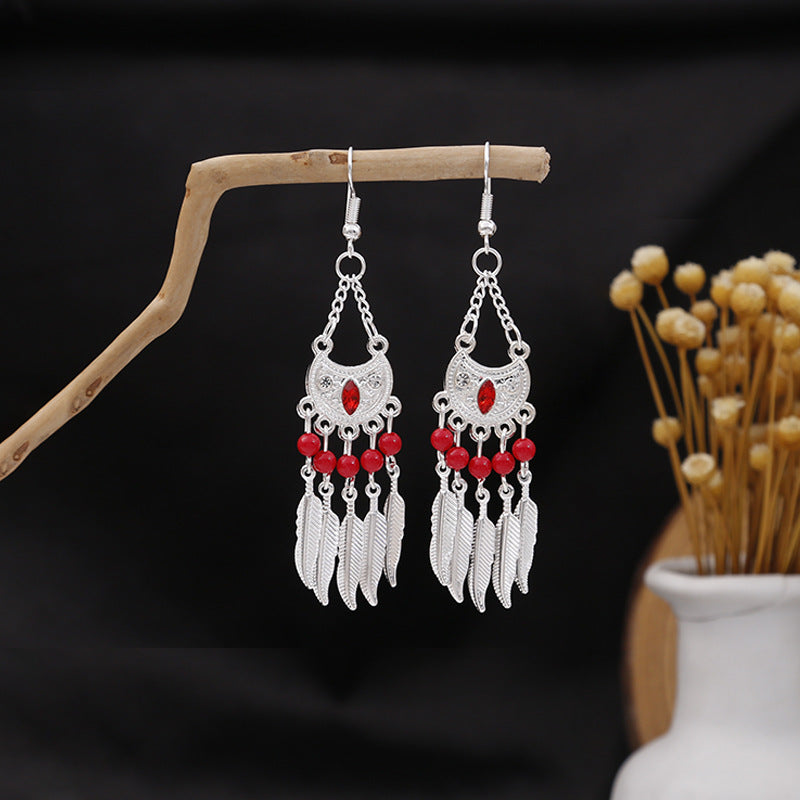 Wholesale Ethnic Style Long Feather Alloy Tassel Earrings ACC-ES-MDD023