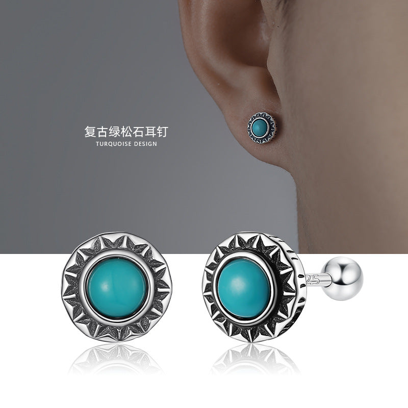 Wholesale Men' s Silver Plated Turquoise Stud Earrings Simple Retro Style Everyday Jewelry Accessory