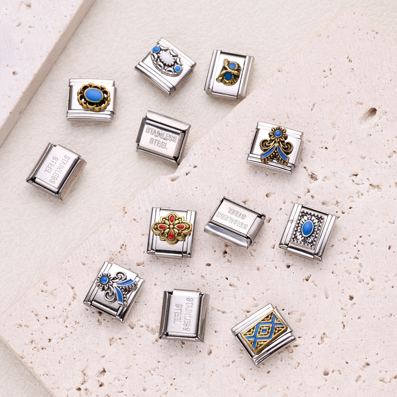 Wholesale 10pcs Italian Charm Bracelet 9mm DIY Splicing Flower Geometric Pattern Stainless Steel Composable Bracelet