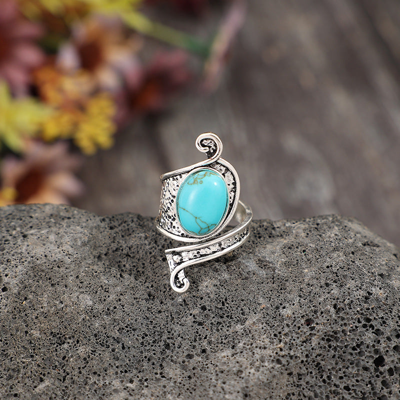 Wholesale Vintage style open inlaid synthetic turquoise alloy ring