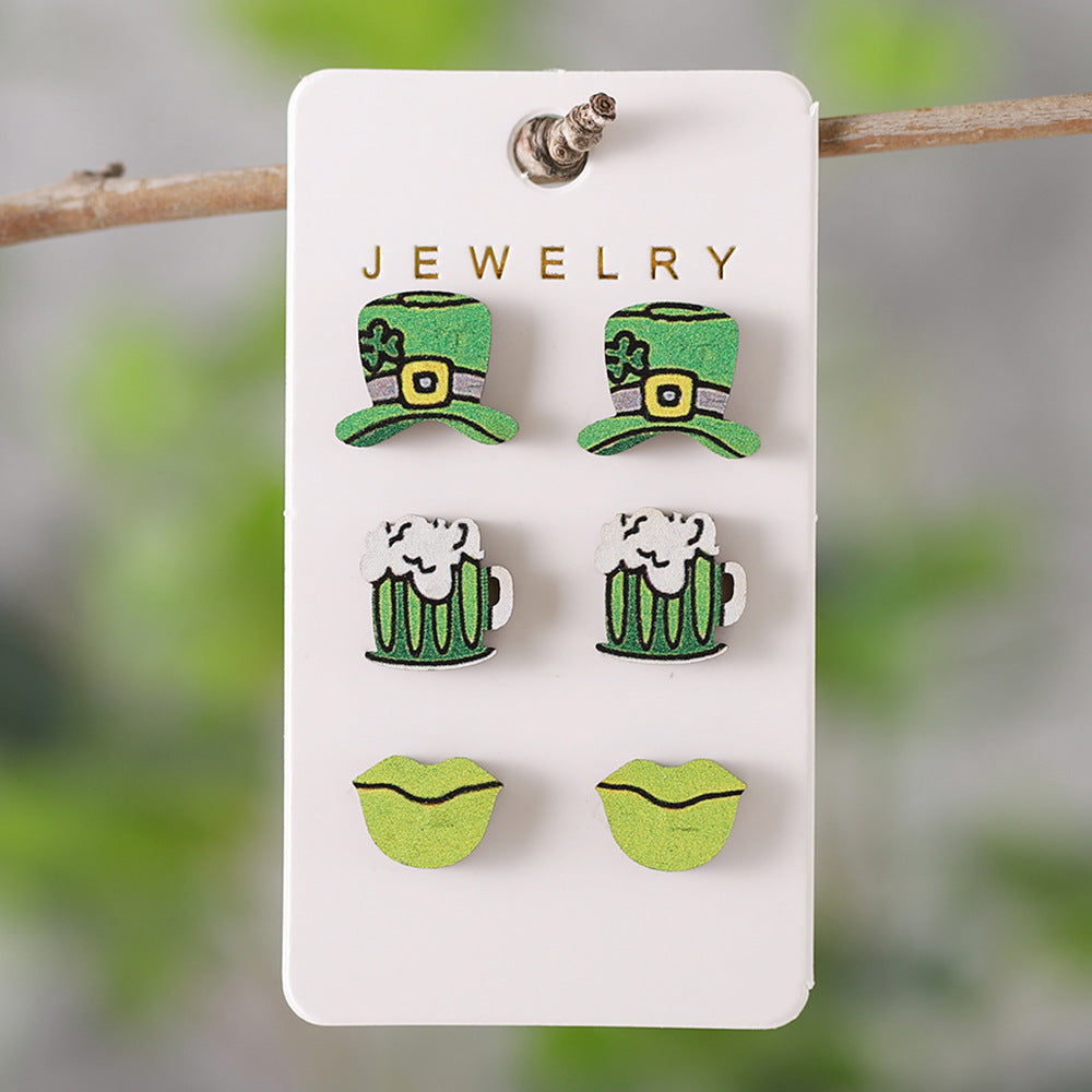 Wholesale St. Patrick's Day green clover horseshoe rainbow hat earrings set