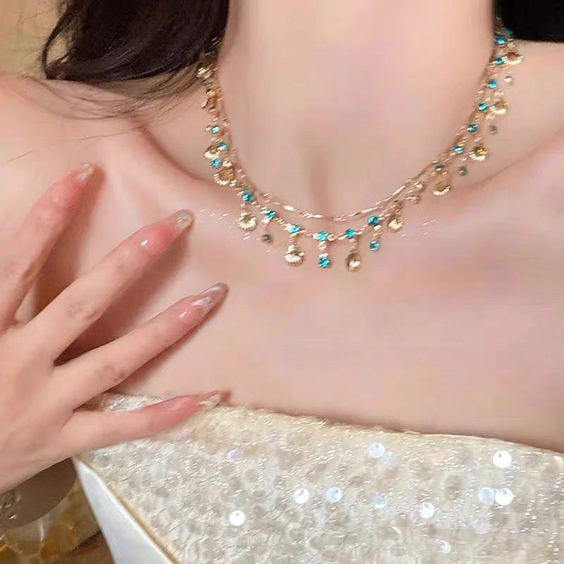 Wholesale Chic Blue Zircon Gold Shell Pendant Necklace Fashion Jewelry Accessory Ideal For Gift And Resale
