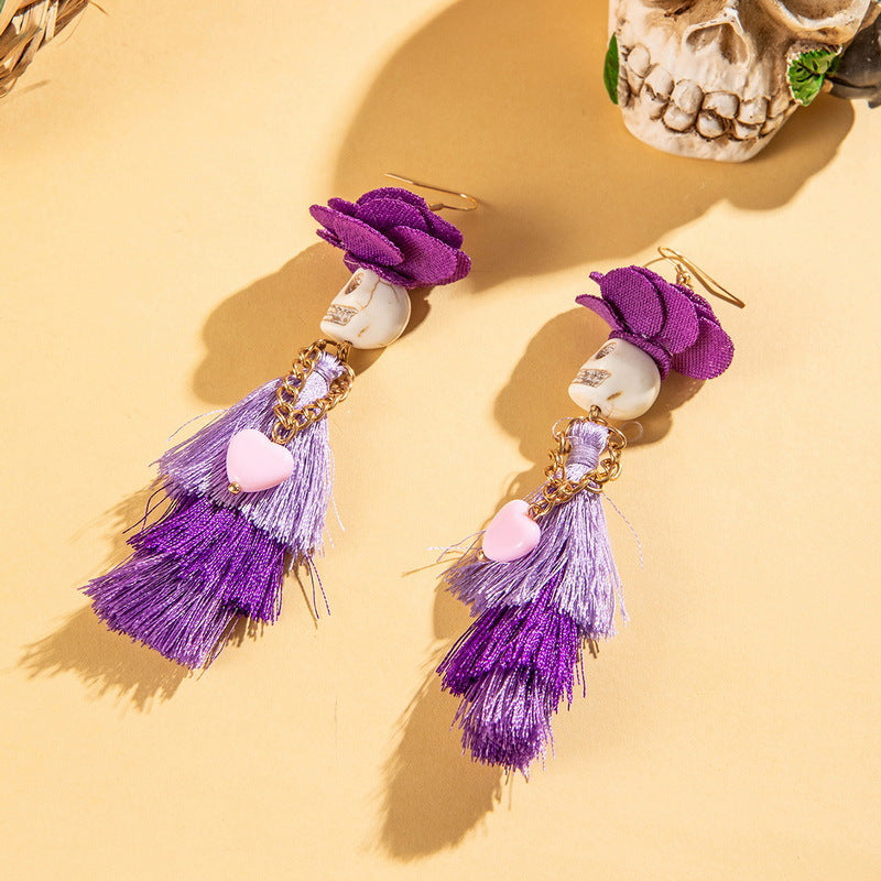 Wholesale Halloween earrings  funny fun skull tassel rice beads earrings