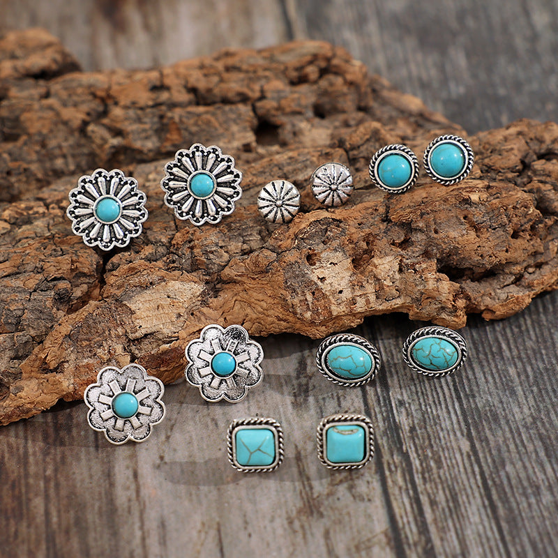 Wholesale Western wind geometric multi-piece set of turquoise earrings