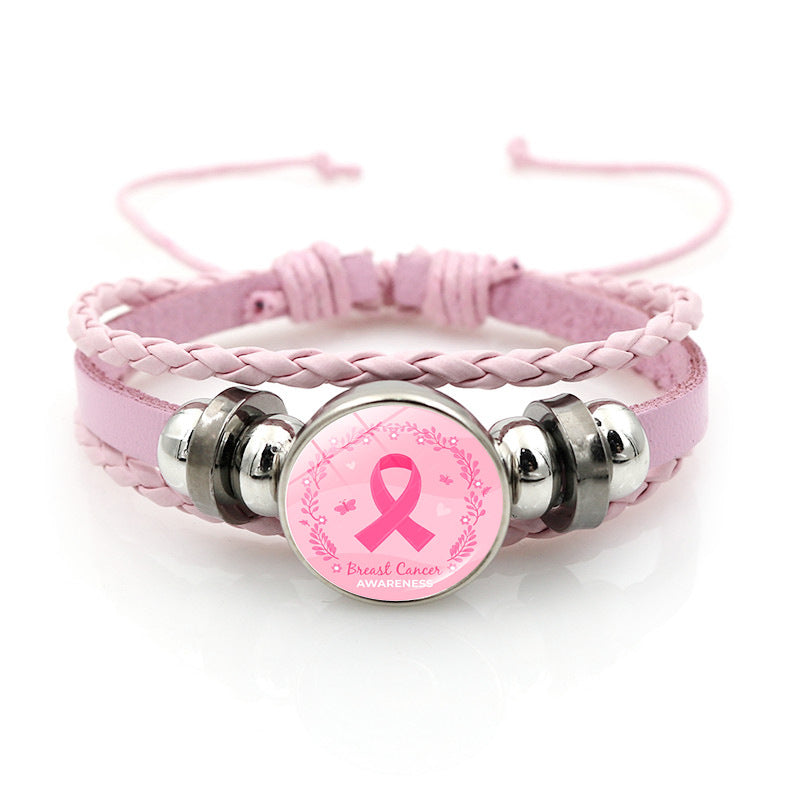 Wholesale Pink Ribbon Breast Consciousness Pink Leather Bracelet
