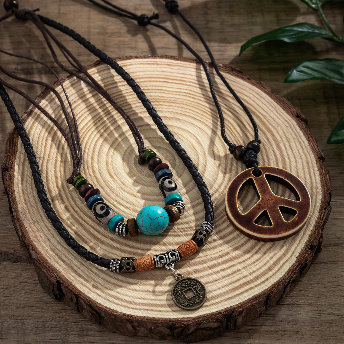 Wholesale Men's Wooden Beads Turquoise Peace Symbol Necklace Set Sweater Chain Long Necklace ACC-NE-Puxin004