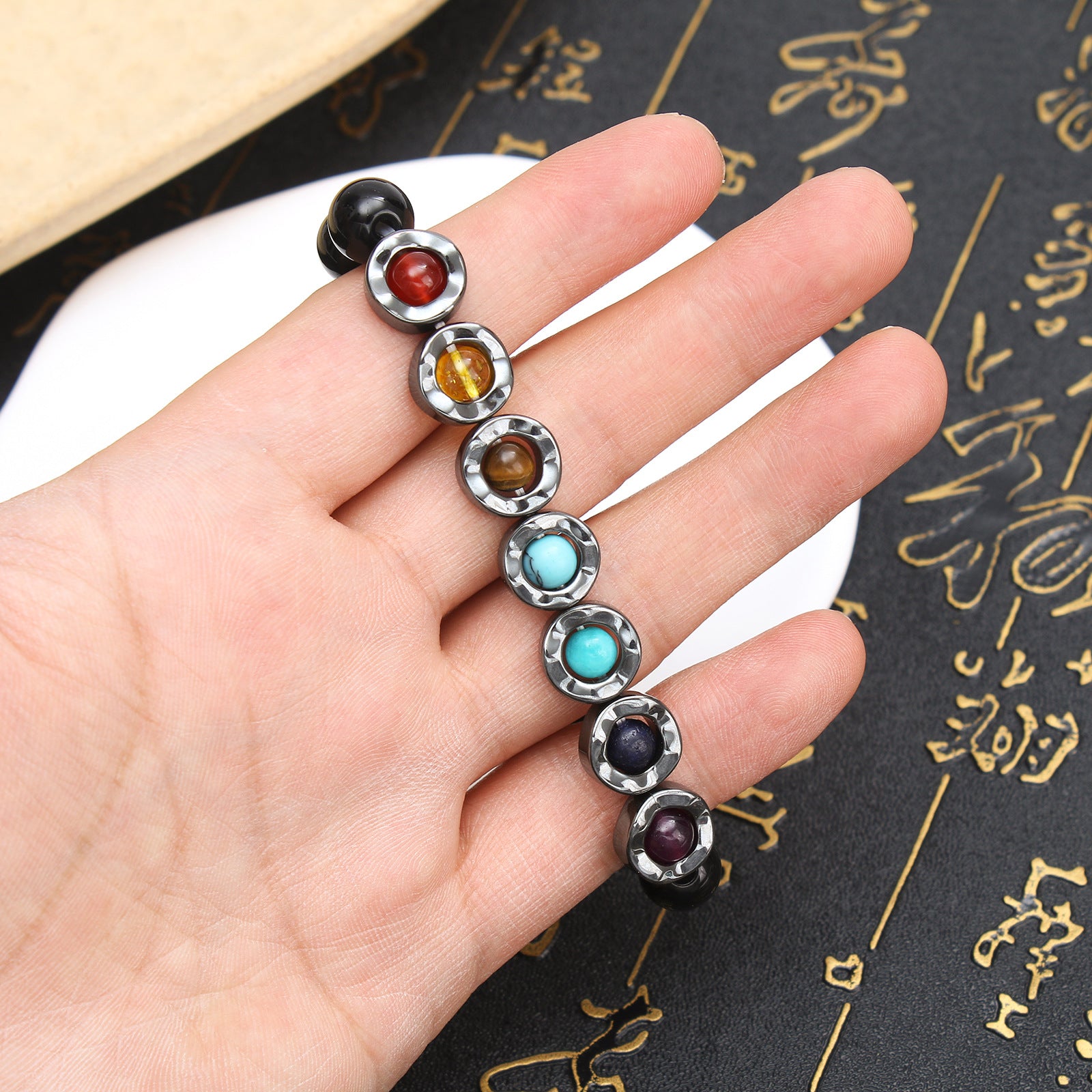 Wholesale black stone wave rotating colorful yoga beads tiger eyes beaded  Bracelet