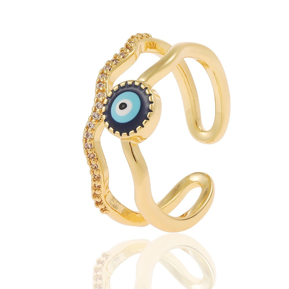 Wholesale Copper-Plated Gold-Tone Devil' s Eye Geometric Open Ring Fashion Jewelry Accessory Boutique Resale