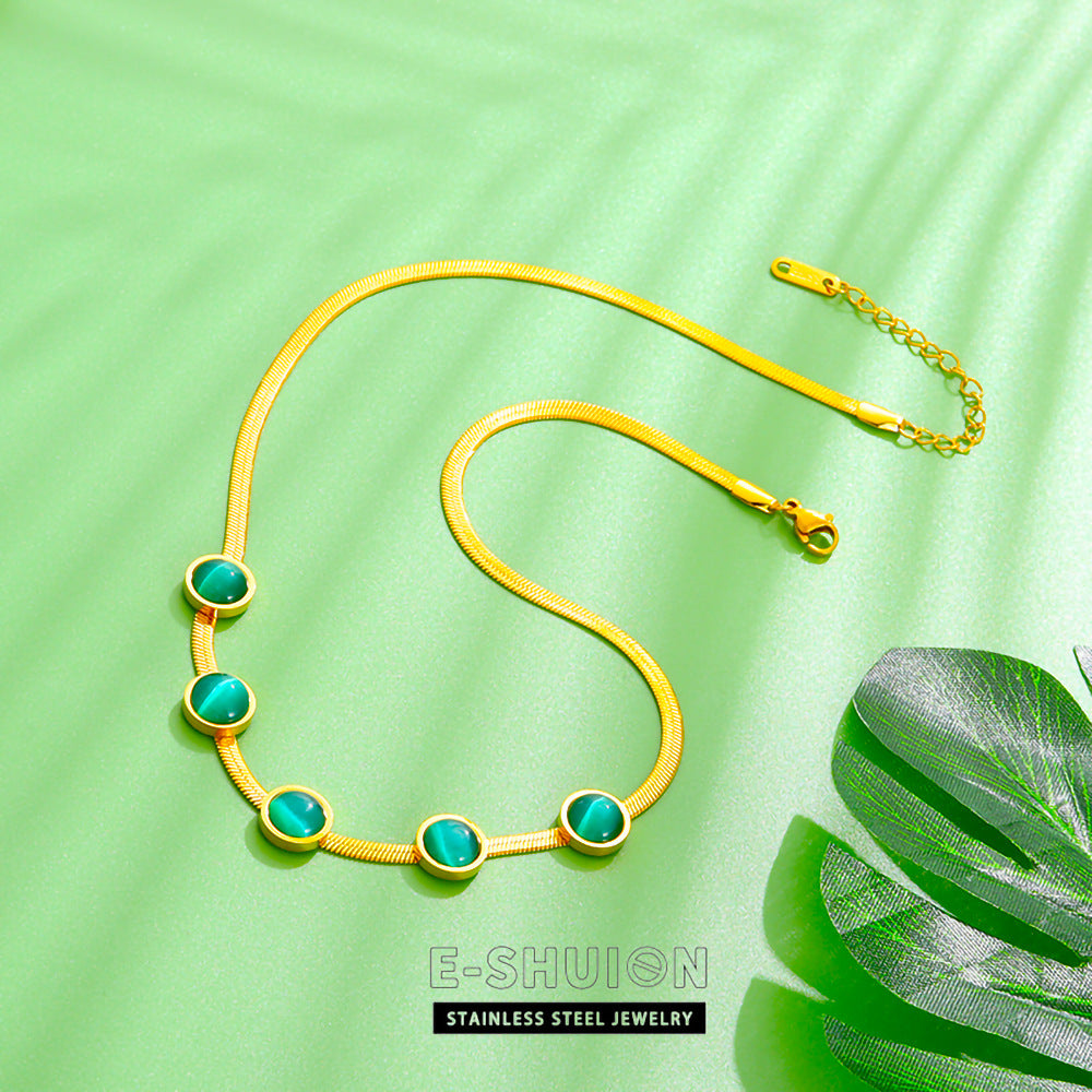 Wholesale Vintage Emerald Necklace Cat's Eye Jewelry Set Titanium Steel Necklace 18k Gold Bracelet Earrings ACC-NE-YiSheng006