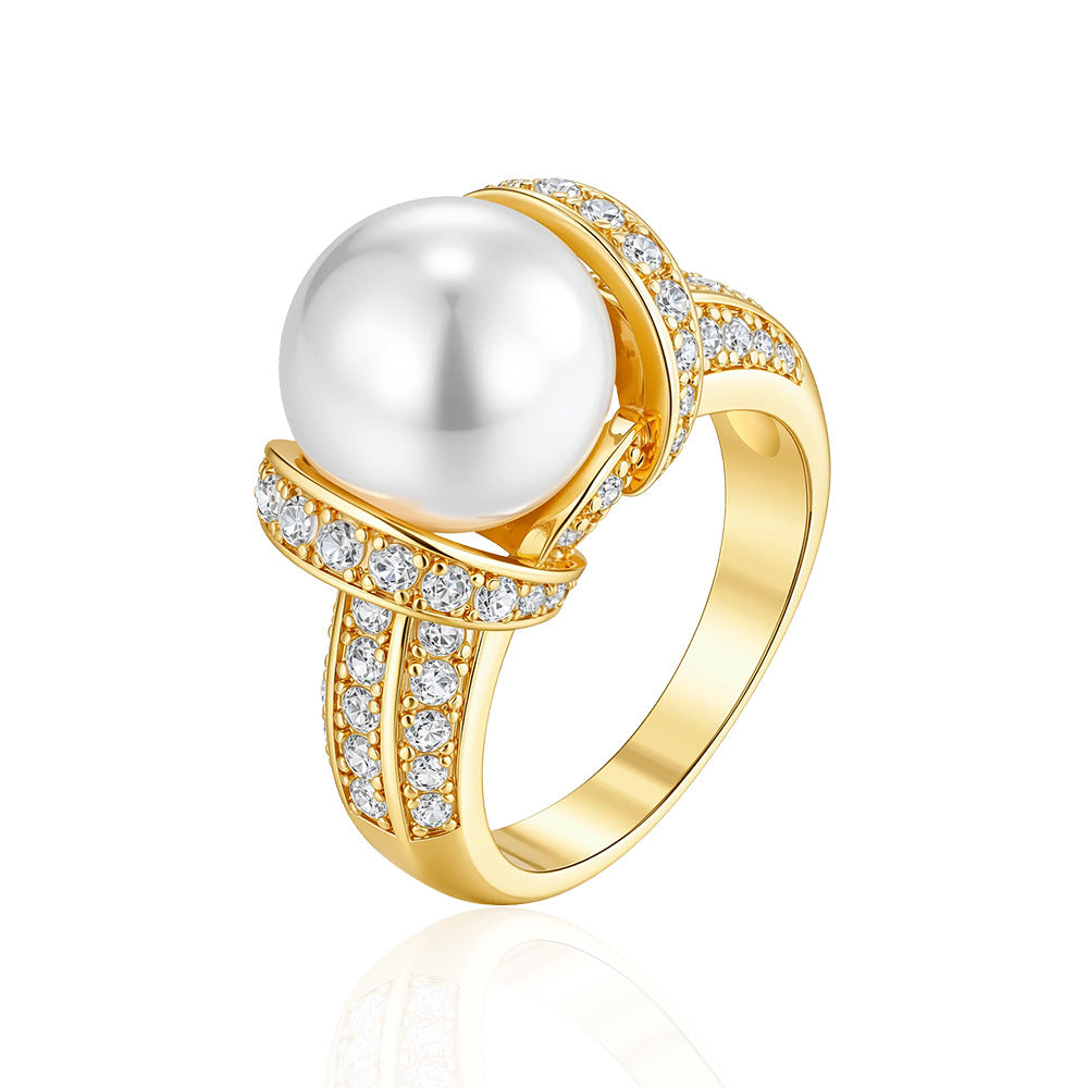 Wholesale Elegant Zircon Pearl Gold Plated Ring For Women Stylish Wedding Jewelry Fashion Accessory Boutique Resale