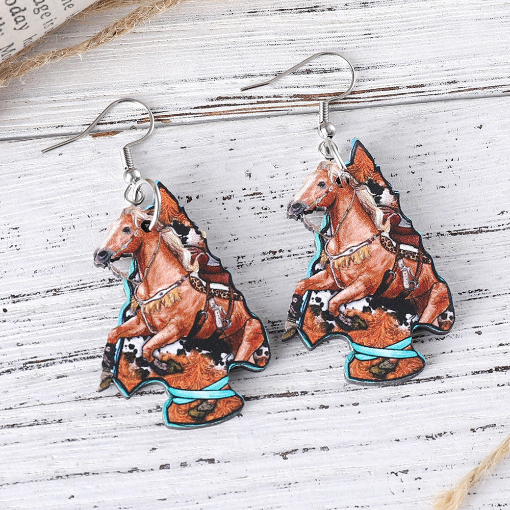 Wholesale Western Style Sunflower Bull Head Horseshoe Pendant Wood Earrings ACC-ES-ChuLian086