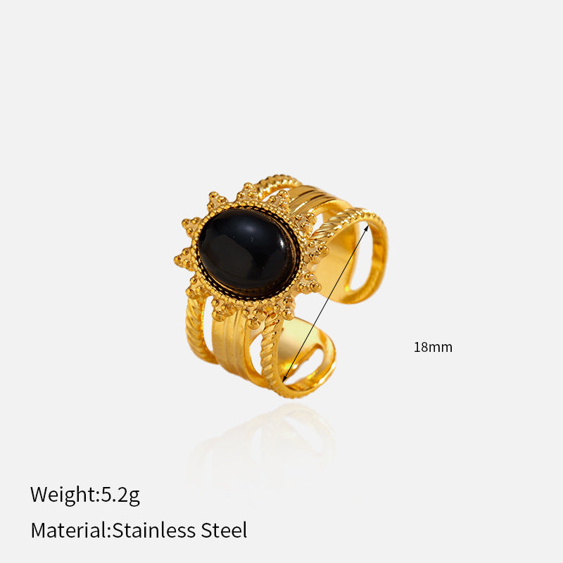 Wholesale retro obsidian open stainless steel ring
