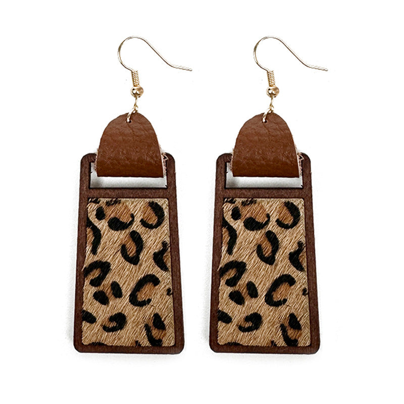 Wholesale Western Style Genuine Leather Earrings, Leopard Print Cow Pattern Geometric Hollow Earrings ACC-ES-XinChuan003