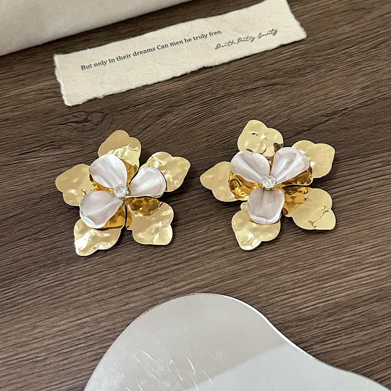 Wholesale  Retro  Metal Bright Pleated Double-layer Three-dimensional Petal Flower Earrings