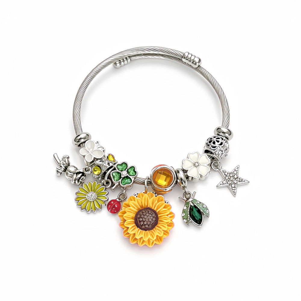 Wholesale Sunflower Bee Adjustable Open Cuff Bracelet Stainless Steel Nature Theme Fashion Accessory Boutique Resale Jewelry
