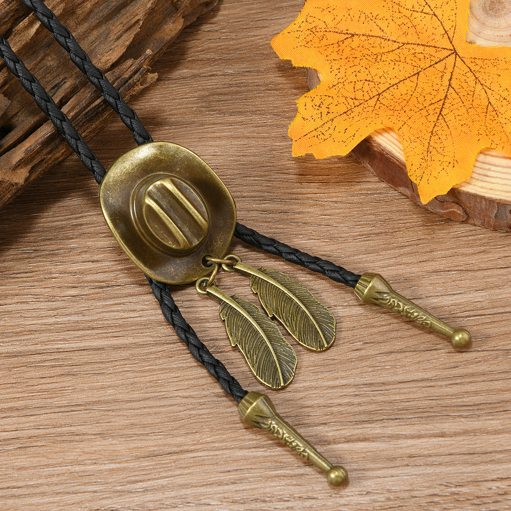 Wholesale Retro Punk Style Western Cowboy Hat Feather Alloy Necklace