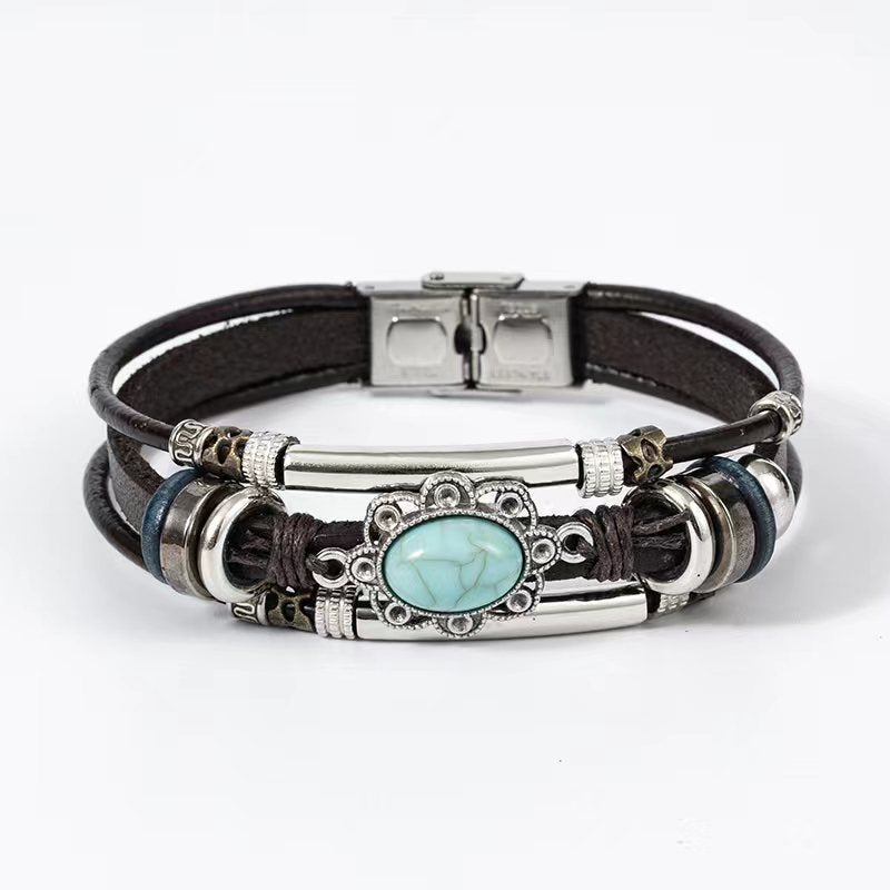 Wholesale 3PCS Leather multi-layered turquoise bracelet