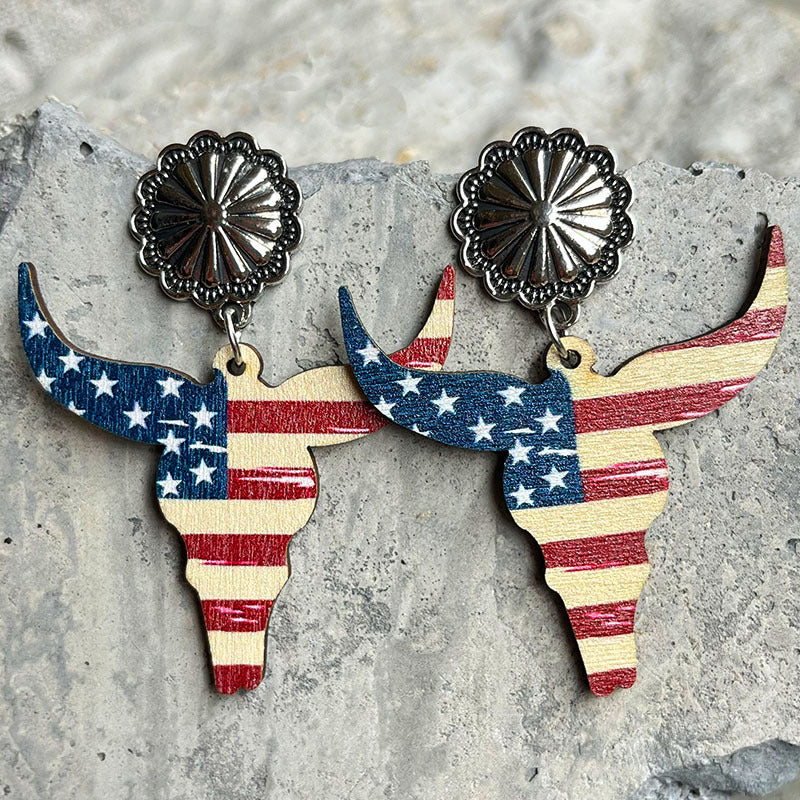 Wholesale 2 Pairs/Pack American Independence Day Western Style Cowboy Boots Cow Head Sunflower Wood Earrings ACC-ES-HY103